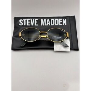 Steve Madden Oval Sunglasses Gold Frame Black Lens 100 UV Protection Pouch